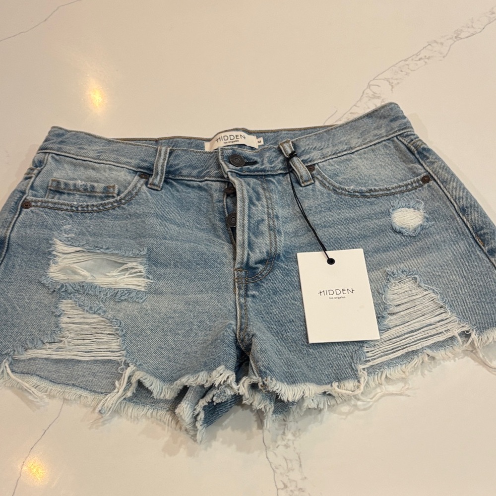 Hidden Distressed Jean Shorts - Light Blue